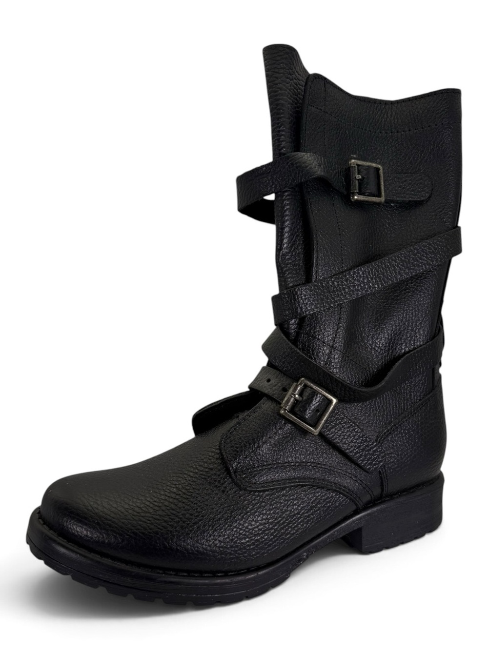 Steve Madden Black Textured Leather Mid-Calf Buckle Boots